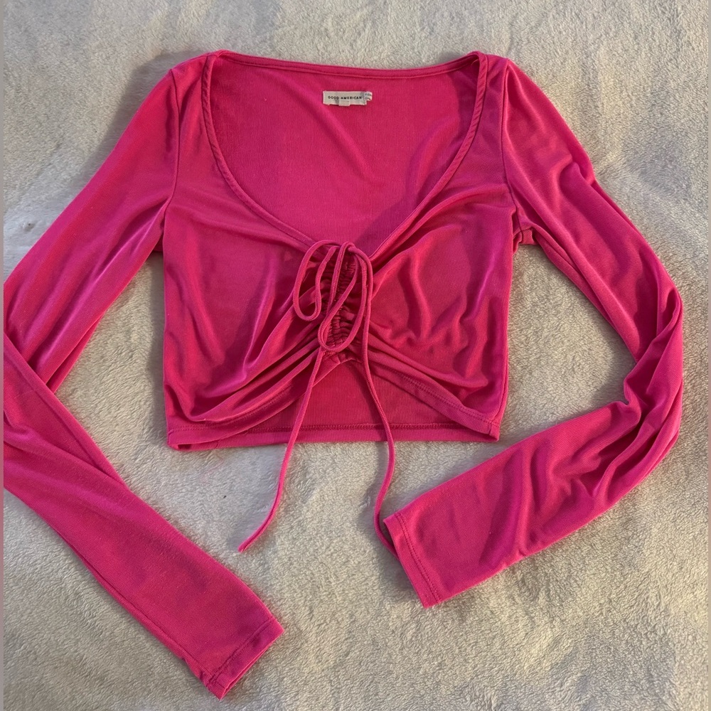 Good American Pink Crop Tie-Front Blouse